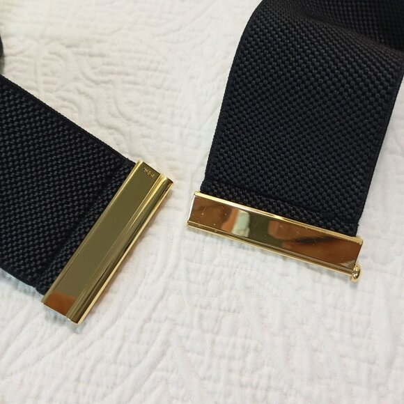 Lauren Ralph Lauren Belt Black Stretch Waist Gold Bar Closure Wide Elastic Sz L - Picture 4 of 8